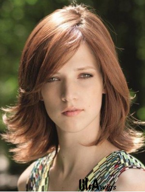 Fabulous Brown Shoulder Length With Bangs Straight Glueless Lace Front Wigs