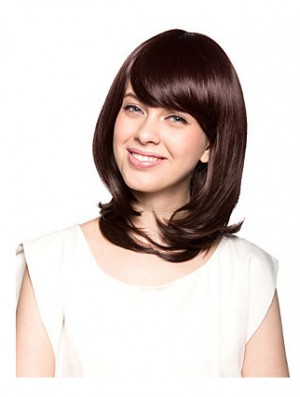 Shoulder Length With Bangs Wavy Auburn Beautiful Synthetic Wigs