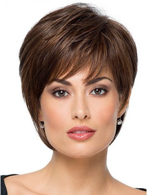 Suitable 8 inch Straight Brown With Bangs Short Wigs