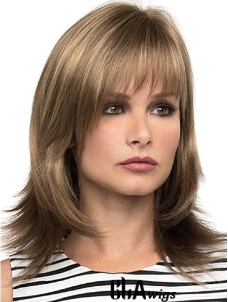 With Bangs Brown Wavy Shoulder Length 14 inch Sassy Medium Wigs