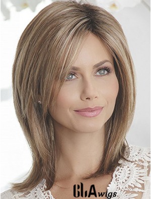 Layered Brown Straight Shoulder Length 14 inch Sleek Medium Wigs