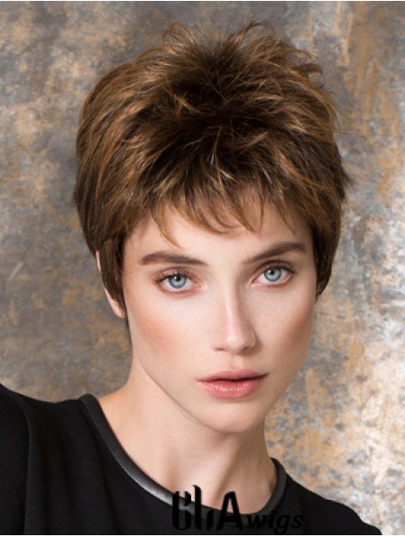 Straight Brown Synthetic Boycuts 4 inch Short Ladies Wigs