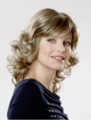 Monofilament Synthetic 14 inch Shoulder Length Curly Blonde With Bangs Cancer Wigs For Women