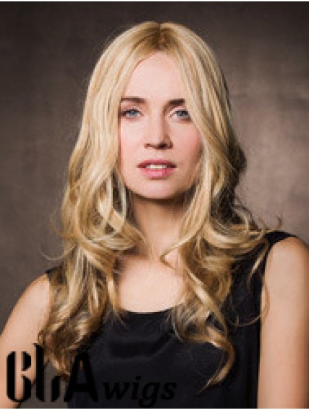 Monofilament Synthetic 17 inch Long Wavy Blonde Without Bangs Cheap Wigs For Cancer Patients