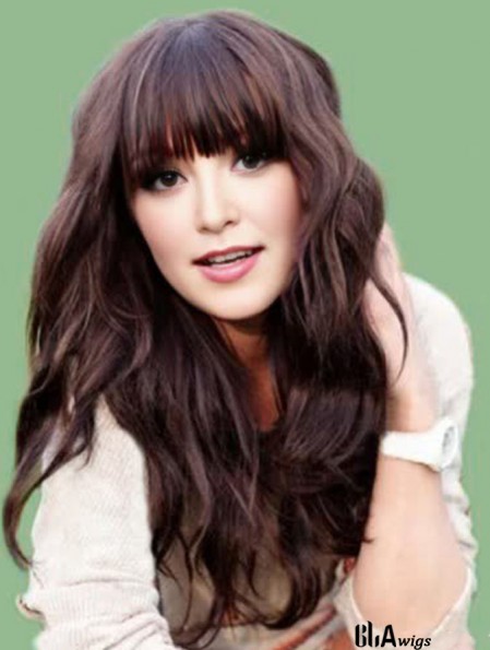 Real Hair Carly Rae Jepsen Wigs Long Length Brown Color With Bangs Monofilament