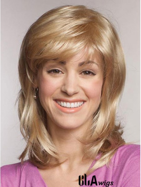 Straight With Bangs Shoulder Length Blonde Popular Lace Front Wigs