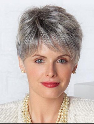 Monofilament Lace Wigs Grey Cut Straight Style Short Length