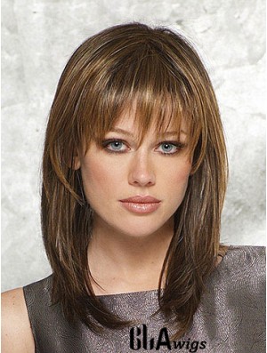 Sassy Straight Brown Shoulder Length With Bangs Medium Wigs