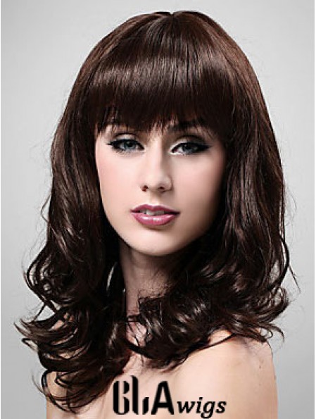 Shoulder Length With Bangs 20 inch Wavy Brown Medium Wigs