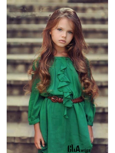 Hand-Tied Wavy Long Auburn Remy Human Hair Lace Front Monofilament Kids Wigs