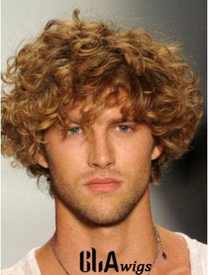 Blonde 8inch Remy Human Hair Curly Layered Capless  Mens Wigs