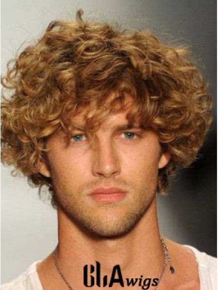 Blonde 8inch Remy Human Hair Curly Layered Capless  Mens Wigs