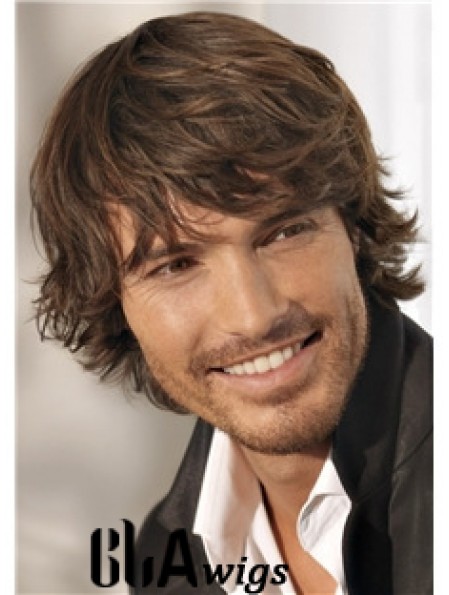 Brown Remy Human Short Wavy Monofilam Cheap Wigs For Men