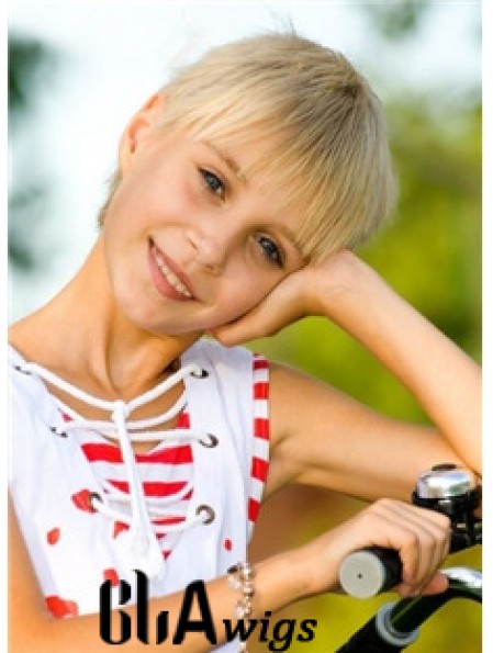 Straight Short Blonde Remy Human Hair 100% Hand-tied Kids Wigs