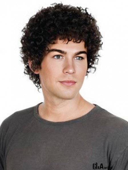 Full Lace Short Remy Human Black Straight Mens Curly Wig