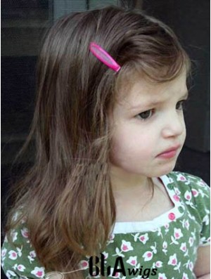 Straight Shoulder Length Brown Remy Human Hair Lace Front Kids Wigs