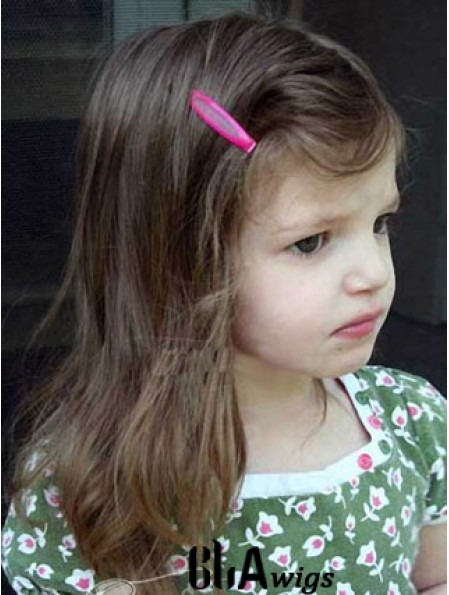 Straight Shoulder Length Brown Remy Human Hair Lace Front Kids Wigs