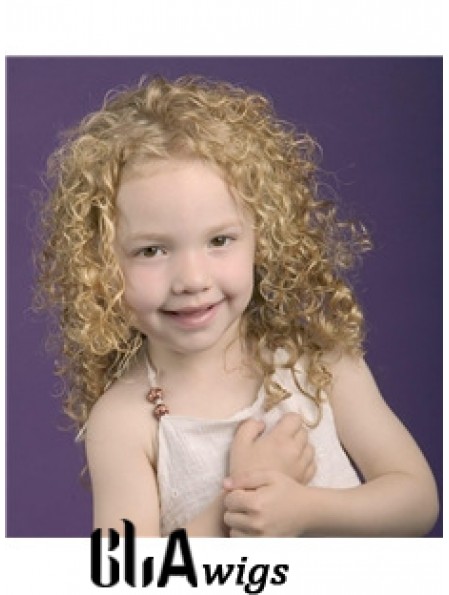 Curly Shoulder Length Blonde Synthetic 100% Hand-tied Kids Wigs