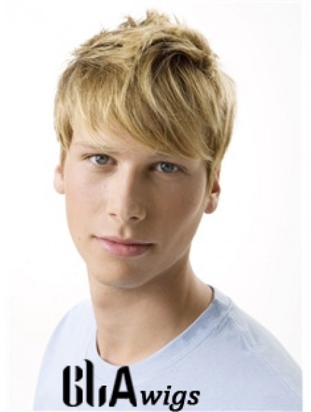 Remy Human 100% Hand Tied Short Wavy Blonde Wigs For Men