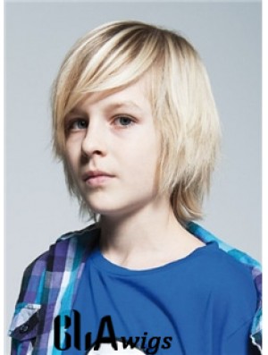 Straight Chin Length Blonde Remy Human Hair Capless Kids Wigs