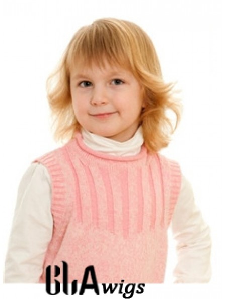 Wavy Shoulder Length Blonde Remy Human Hair 100% Hand-tied Kids Wigs