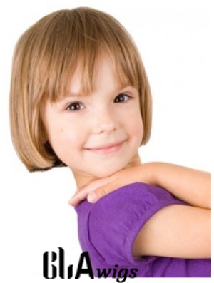 Straight Short Blonde Remy Human Hair 100% Hand-tied Kids Wigs