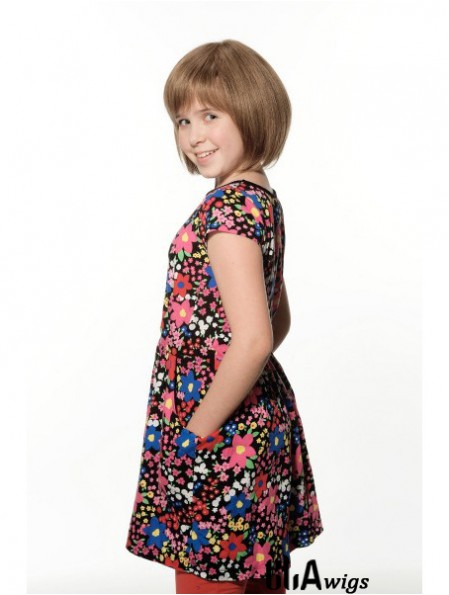 Straight Chin Length Brown Remy Human Hair 100% Hand-tied Kids Wigs