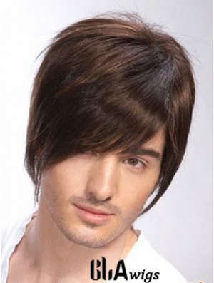 100% Hand Tied Brown Remy Human Short Straight Wigs Man