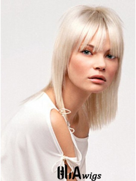 Lace Front With Bangs Shoulder Length Straight 14 inch Platinum Blonde No-Fuss Fashion Wigs