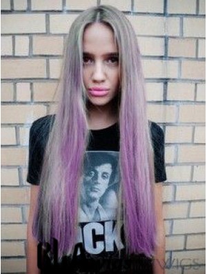 Fashionable Ombre/2 Tone Long Straight Without Bangs 28 inch Human Lace Wigs