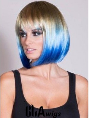 Discount Ombre/2 Tone Short Straight With Bangs 14 inch Human Lace Wigs