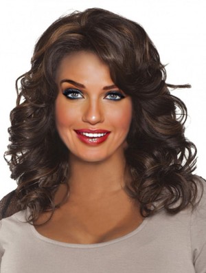 Curly Indian Remy Hair Brown Long New 3/4 Wigs