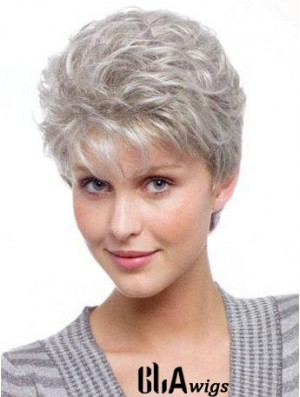 Wigs For Elderly Lady With Synthetic Grey Cut Wavy Style