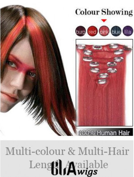 Comfortable Red Straight Remy Human Hair Clip In Hair Extensions